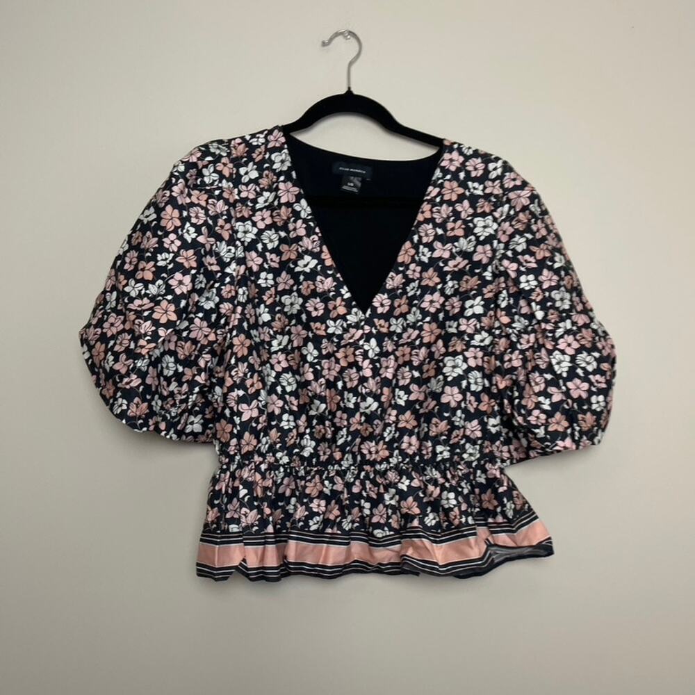 Club Monaco‎ Black Pink Floral Puff Sleeve Tiered V-Neck Blouse Boho Sz L